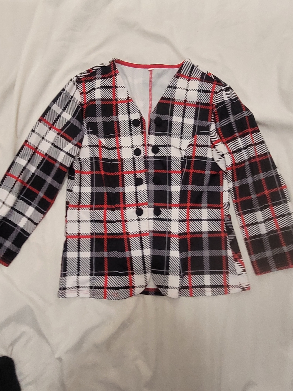 Plaid Double-Breasted Women's Jacket - Black, White & Red